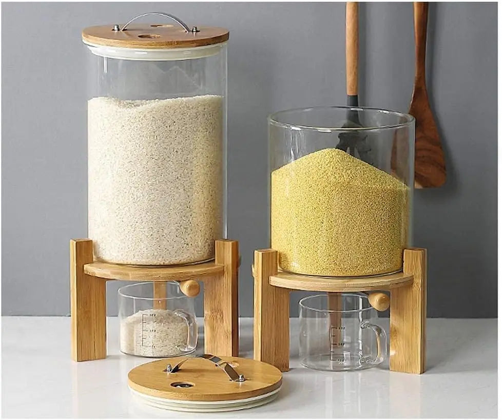 Wonder 5L 8L Airtight Automatic Glass Rice Dispenser Spout Measuring Cup with Wooden Lid Modern for Kitchen Pantry Food Storage