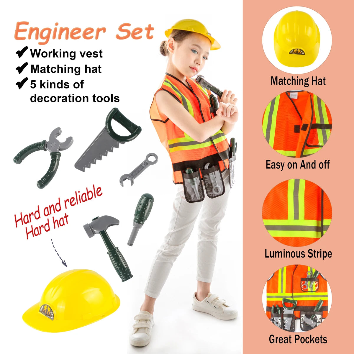 Construction Worker Costume Kids Role Play Dress up Set for 3 4 5 6 7 Years Toddlers Girls Boys Toys