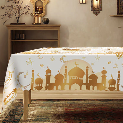 1 Piece, Low-Key Luxury Gold-Plated Ramadan-Themed Polyester Tablecloth + 4 Self-Adhesive Stickers, Classic Islamic Architecture Luxurious Hollow-Out Moon and Star Print Pattern, Suitable for Home Kitchen, Living Room Dining