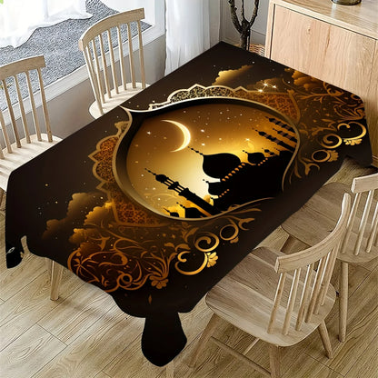 Ramadan Kareen Mubarak Tablecloth Party Decor Golden Moon Castle Print Eid Al Fitr Kitchen Dining Table Cloth Ramadan Decoration