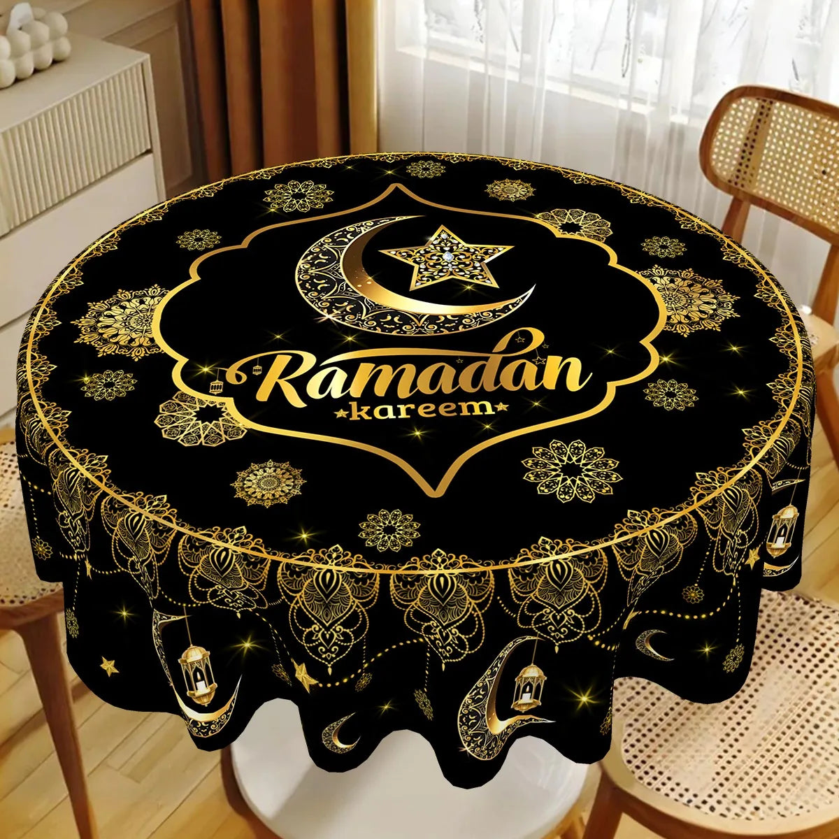 Ramadan Round Tablecloth Table Cover Ramadan Decoration 2026 for Home Ramadan Kareem Islamic Muslim Party Eid Al-Fitr Gift