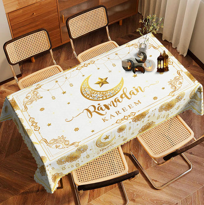 1 Piece of Muslim Ramadan Round Tablecloth, Available in Various Sizes, Printed with Star, Moon, Lantern, Floral, and Geometric Patterns, Round Decorative Tablecloth with Embossed Edges, Ramadan-Themed Home Dining Table Decor