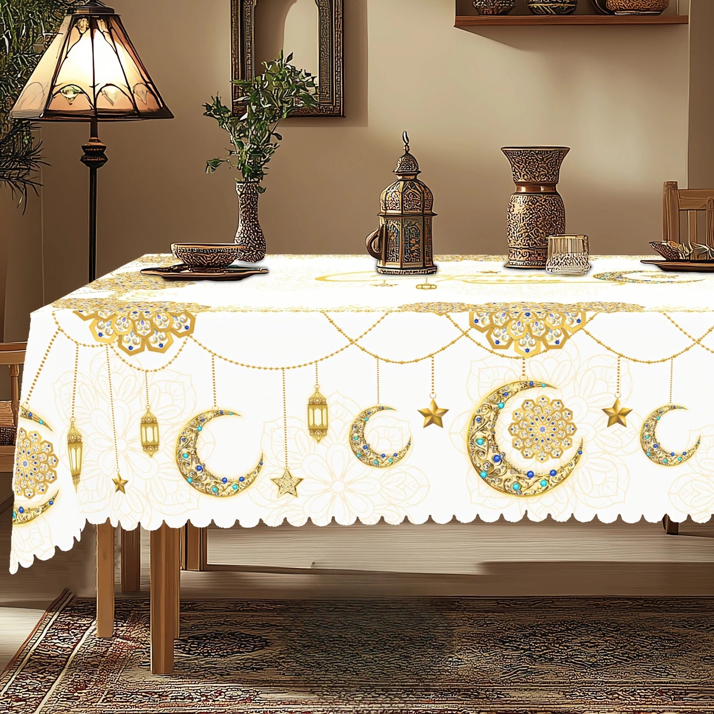 Ramadan Mubarak Star Moon Lanterns Waterproof Tablecloth Table Decor Eid Al Fitr Kitchen Dining Tablecloth Ramadan Decorations