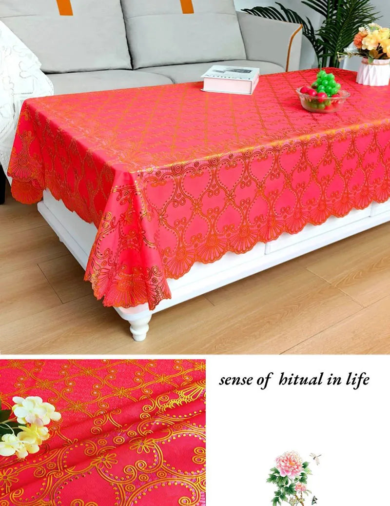 Europe and America Waterproof Lace Tablecloth Wash-Free Bronzing Dining Decoration Soft Dust-Proof Table Cover for Holiday Party