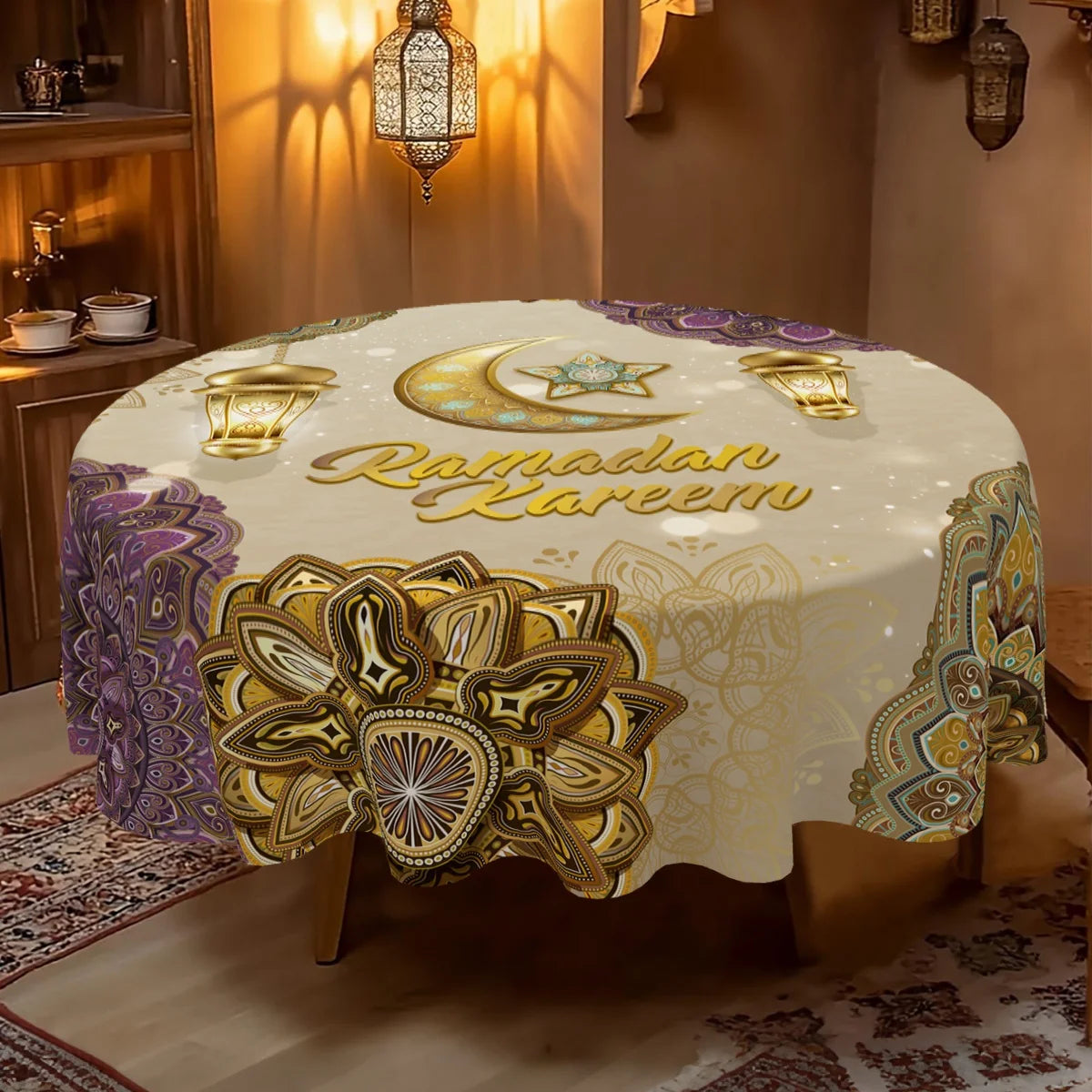 Ramadan Round Tablecloth Table Cover Ramadan Decoration 2026 for Home Ramadan Kareem Islamic Muslim Party Eid Al-Fitr Gift