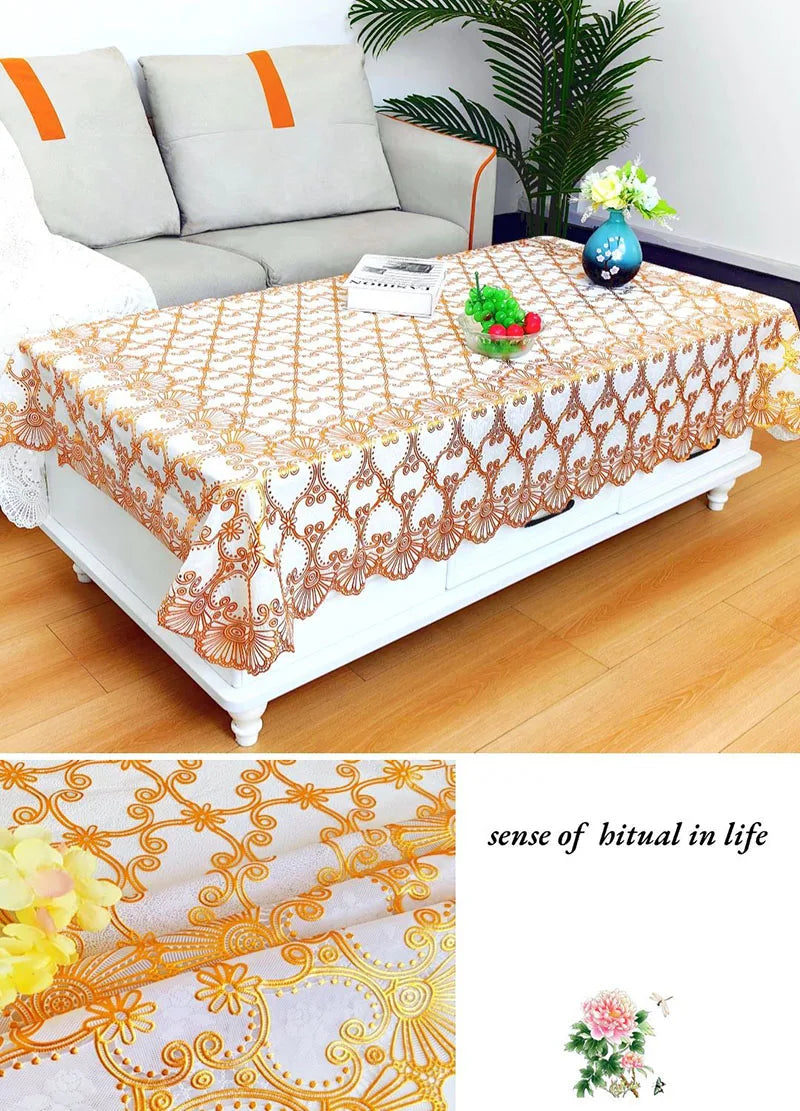 Europe and America Waterproof Lace Tablecloth Wash-Free Bronzing Dining Decoration Soft Dust-Proof Table Cover for Holiday Party