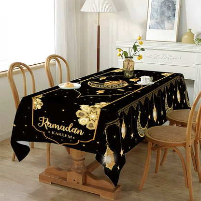 1pc Eid Mubarak Polyester Tablecloth, Ramadan Kareem Black Table Cover, Islamic Muslim Party Decor, Eid Al Adha Gifts