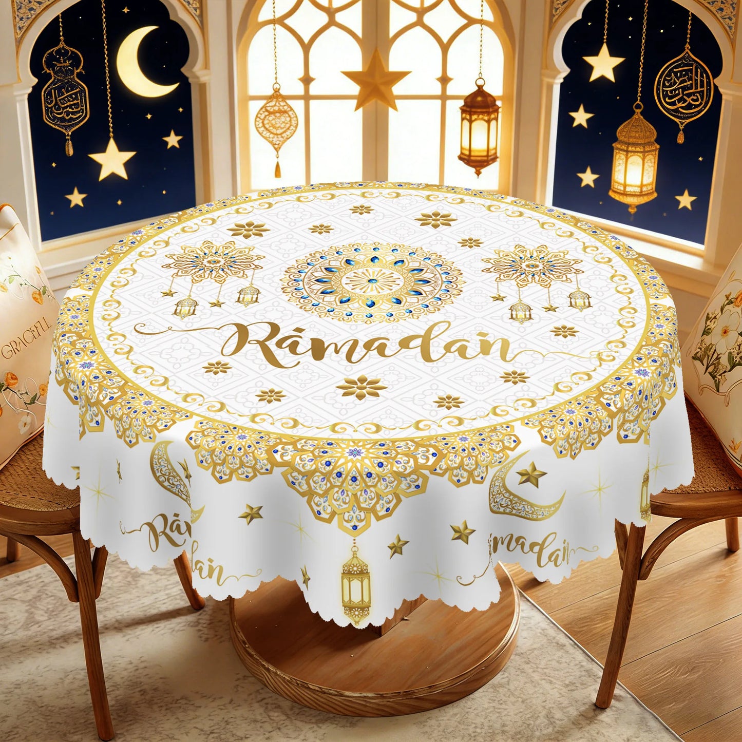 1 Piece of Muslim Ramadan Round Tablecloth, Available in Various Sizes, Featuring a Core of Gold-Plated Crescent Moon and Star Embellishments, Paired with Arabic Lantern Outlines and Intricate Rose Patterns Interwoven, with G