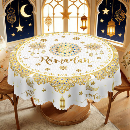 1 Piece of Muslim Ramadan Round Tablecloth, Available in Various Sizes, Featuring a Core of Gold-Plated Crescent Moon and Star Embellishments, Paired with Arabic Lantern Outlines and Intricate Rose Patterns Interwoven, with G