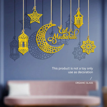 1Set Eid Mubarak Decoration Hanging Pendant Acrylic Mirror Ramadan Kareem Pendant Ornament Home Background Muslim Party Supplies