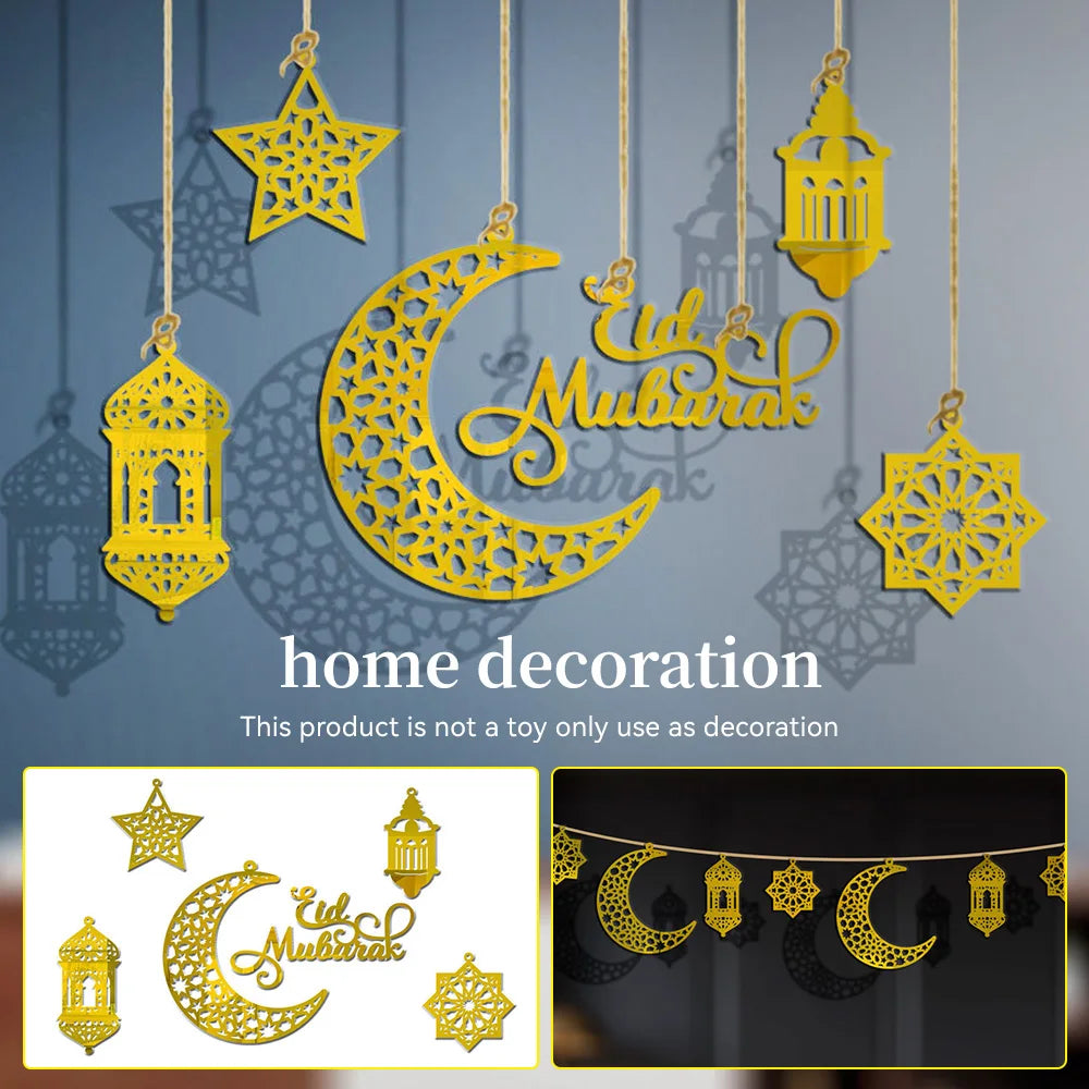 1Set Eid Mubarak Decoration Hanging Pendant Acrylic Mirror Ramadan Kareem Pendant Ornament Home Background Muslim Party Supplies