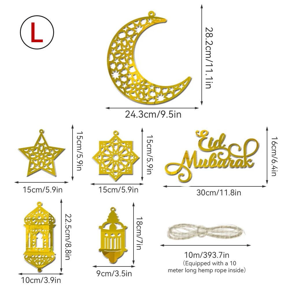 1Set Eid Mubarak Decoration Hanging Pendant Acrylic Mirror Ramadan Kareem Pendant Ornament Home Background Muslim Party Supplies