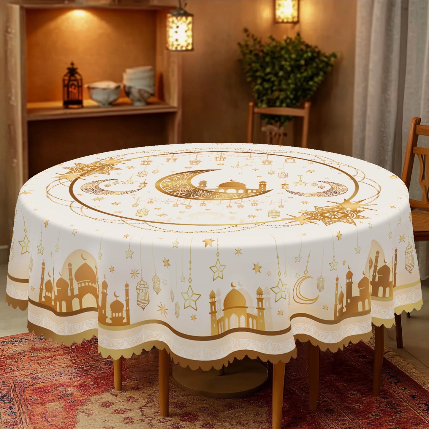 1 Piece of Muslim Ramadan Themed Round and Rectangular Tablecloth, Available in 5 Sizes, Exquisite Star and Moon and Mosque Pattern Printed Tablecloth, Embossed Edge Craftsmanship, Ramadan Period Home Dining Table Decoration,