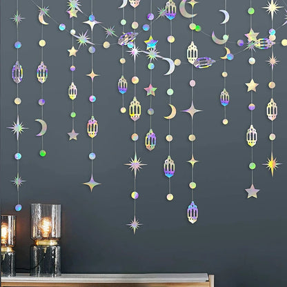 13Ft Iridescent Ramadan EID Mubarak Banner Decorations Hanging Star Moon Lamp Garlands Ramadan Mubarak Home Decor Birthday Party