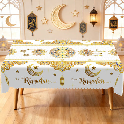 1 Piece of Muslim Ramadan Round Tablecloth, Available in Various Sizes, Featuring a Core of Gold-Plated Crescent Moon and Star Embellishments, Paired with Arabic Lantern Outlines and Intricate Rose Patterns Interwoven, with G