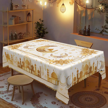 1 Piece of Muslim Ramadan Themed Round and Rectangular Tablecloth, Available in 5 Sizes, Exquisite Star and Moon and Mosque Pattern Printed Tablecloth, Embossed Edge Craftsmanship, Ramadan Period Home Dining Table Decoration,