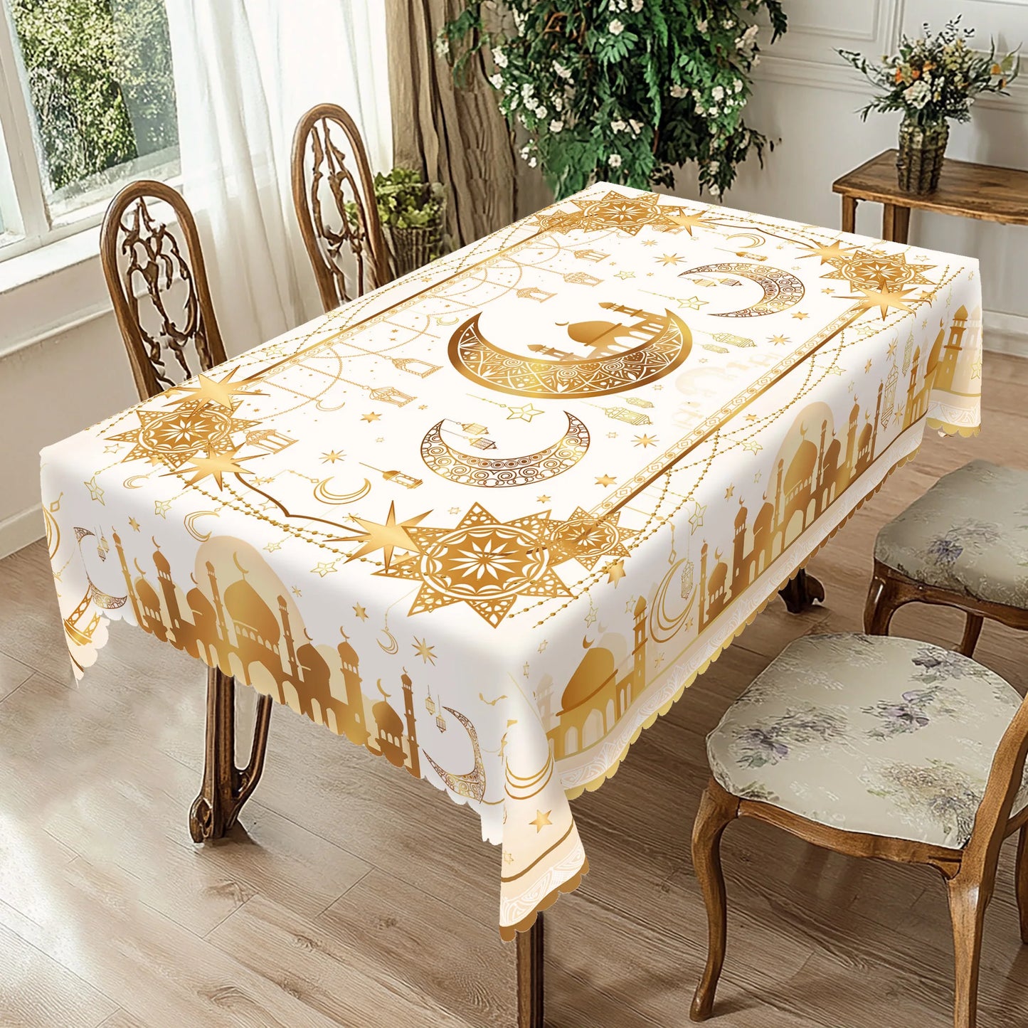 1 Piece of Ramadan-Themed White Gold Round Tablecloth, Available in Various Sizes, Exquisite Star and Moon and Mosque Pattern Printed Tablecloth, Embossed Edge Craftsmanship, Ramadan Home Dining Table Decoration, Suitable for