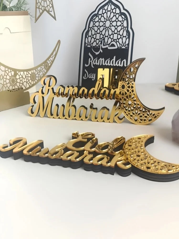 Wooden Acrylic Ramadan Mubarak Sign, Eid Kareem Crescent Wood Moon Stand Table Centerpiece Office Desk Mosque Decor
