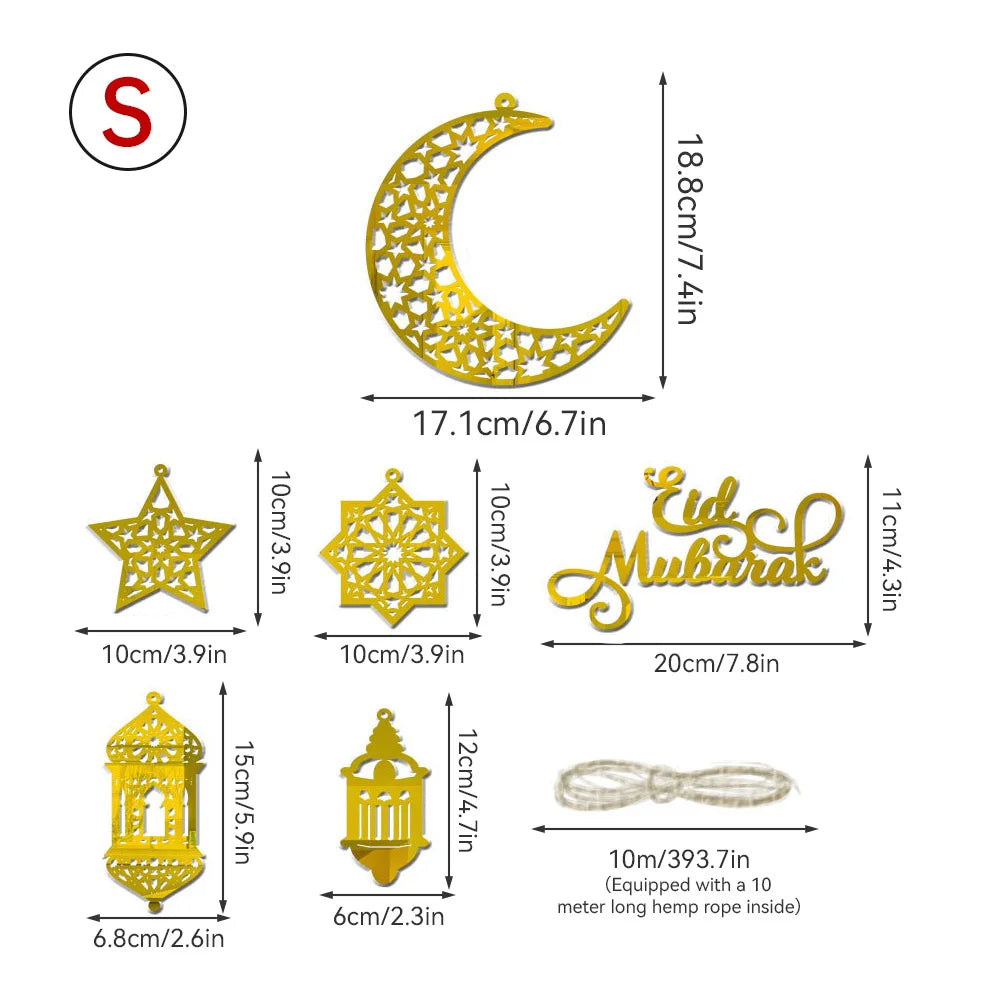1Set Eid Mubarak Decoration Hanging Pendant Acrylic Mirror Ramadan Kareem Pendant Ornament Home Background Muslim Party Supplies