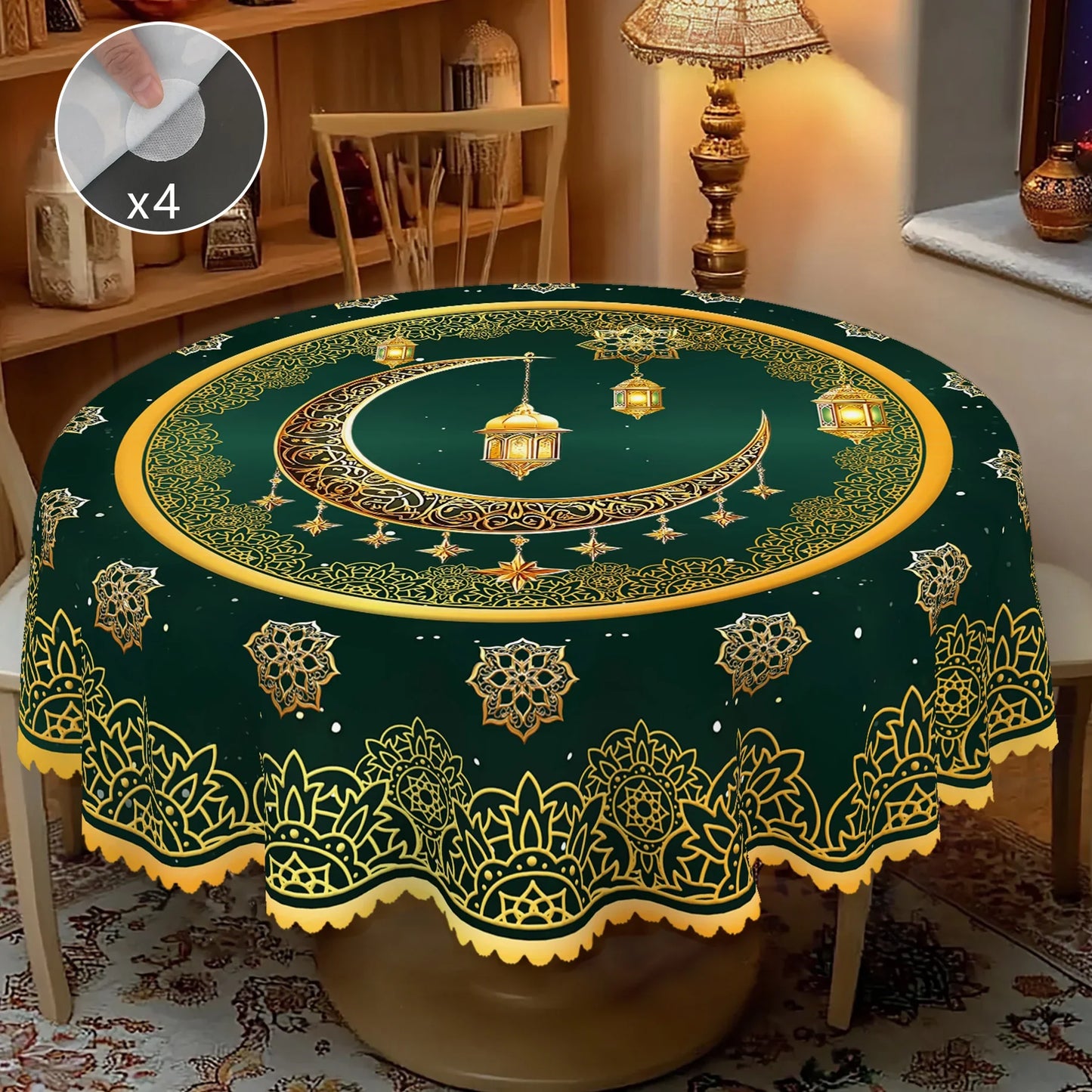 1 Piece of Muslim Ramadan Themed Round Tablecloth, Available in Various Sizes, Exquisite Crescent Moon and Hollow Floral Pattern Printed Round Decorative Tablecloth, Embossed Edge Craftsmanship, Ramadan Home Decoration, Suita