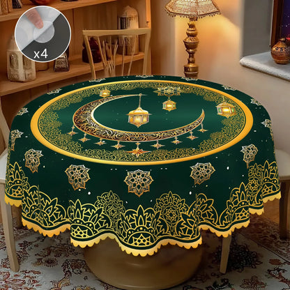 1 Piece of Muslim Ramadan Themed Round Tablecloth, Available in Various Sizes, Exquisite Crescent Moon and Hollow Floral Pattern Printed Round Decorative Tablecloth, Embossed Edge Craftsmanship, Ramadan Home Decoration, Suita