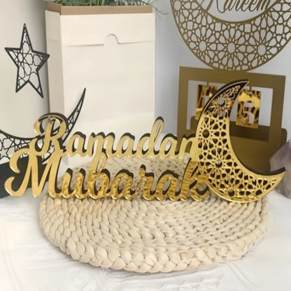 Wooden Acrylic Ramadan Mubarak Sign, Eid Kareem Crescent Wood Moon Stand Table Centerpiece Office Desk Mosque Decor