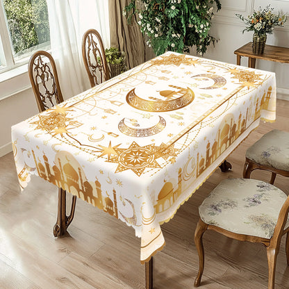 1 Piece of Muslim Ramadan Themed Round and Rectangular Tablecloth, Available in 5 Sizes, Exquisite Star and Moon and Mosque Pattern Printed Tablecloth, Embossed Edge Craftsmanship, Ramadan Period Home Dining Table Decoration,