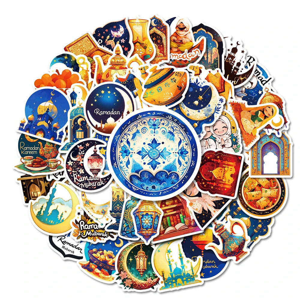 10/30/50pcs Ramadan Kareem Graffiti Stickers Golden Moon Muslim Party Cartoon Stickers Notebook Phone Luggage Decals Decoration