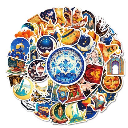 10/30/50pcs Ramadan Kareem Graffiti Stickers Golden Moon Muslim Party Cartoon Stickers Notebook Phone Luggage Decals Decoration