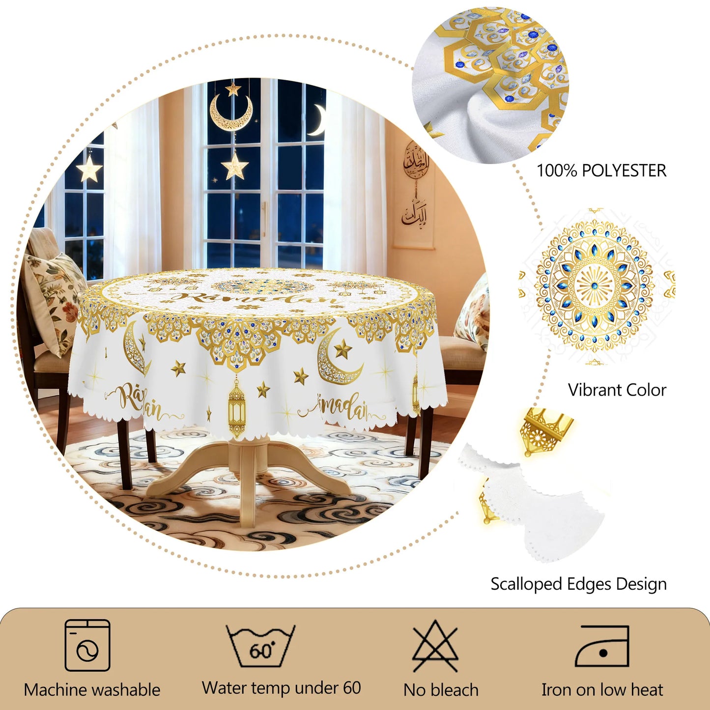 1 Piece of Muslim Ramadan Round Tablecloth, Available in Various Sizes, Featuring a Core of Gold-Plated Crescent Moon and Star Embellishments, Paired with Arabic Lantern Outlines and Intricate Rose Patterns Interwoven, with G