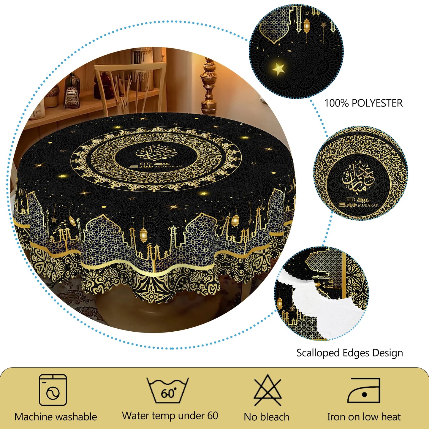 1 Piece of Black Tablecloth for Ramadan and Eid, Golden Ramadan Moon Lamp, Castle Pattern Design, Perfect Holiday and Mubarak Ramadan Decoration, Ramadan Gift, Ideal Indoor/Outdoor Ramadan Party and Home Decoration, Round and