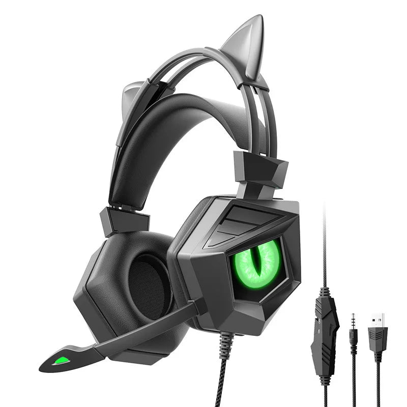3.5mm USB Wired Controlled Headset Dragon Eyes Luminous Gaming Cute Cat Ear Headworn Computer Earphones with Mic  For PC Laptop