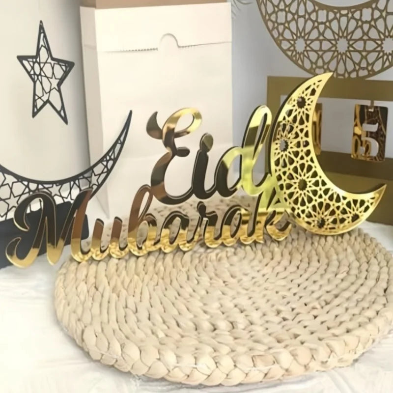Wooden Acrylic Ramadan Mubarak Sign, Eid Kareem Crescent Wood Moon Stand Table Centerpiece Office Desk Mosque Decor