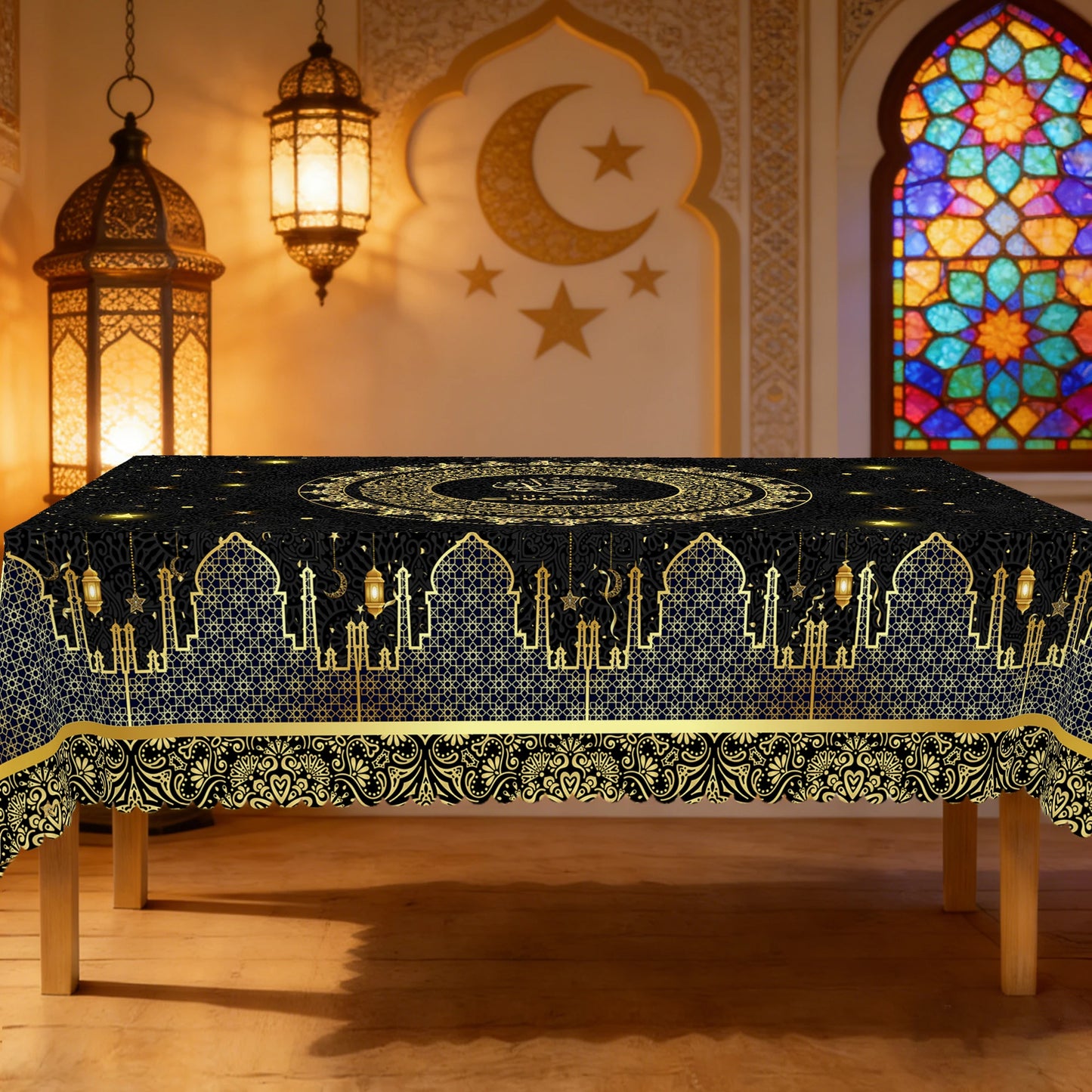1 Piece of Black Tablecloth for Ramadan and Eid, Golden Ramadan Moon Lamp, Castle Pattern Design, Perfect Holiday and Mubarak Ramadan Decoration, Ramadan Gift, Ideal Indoor/Outdoor Ramadan Party and Home Decoration, Round and