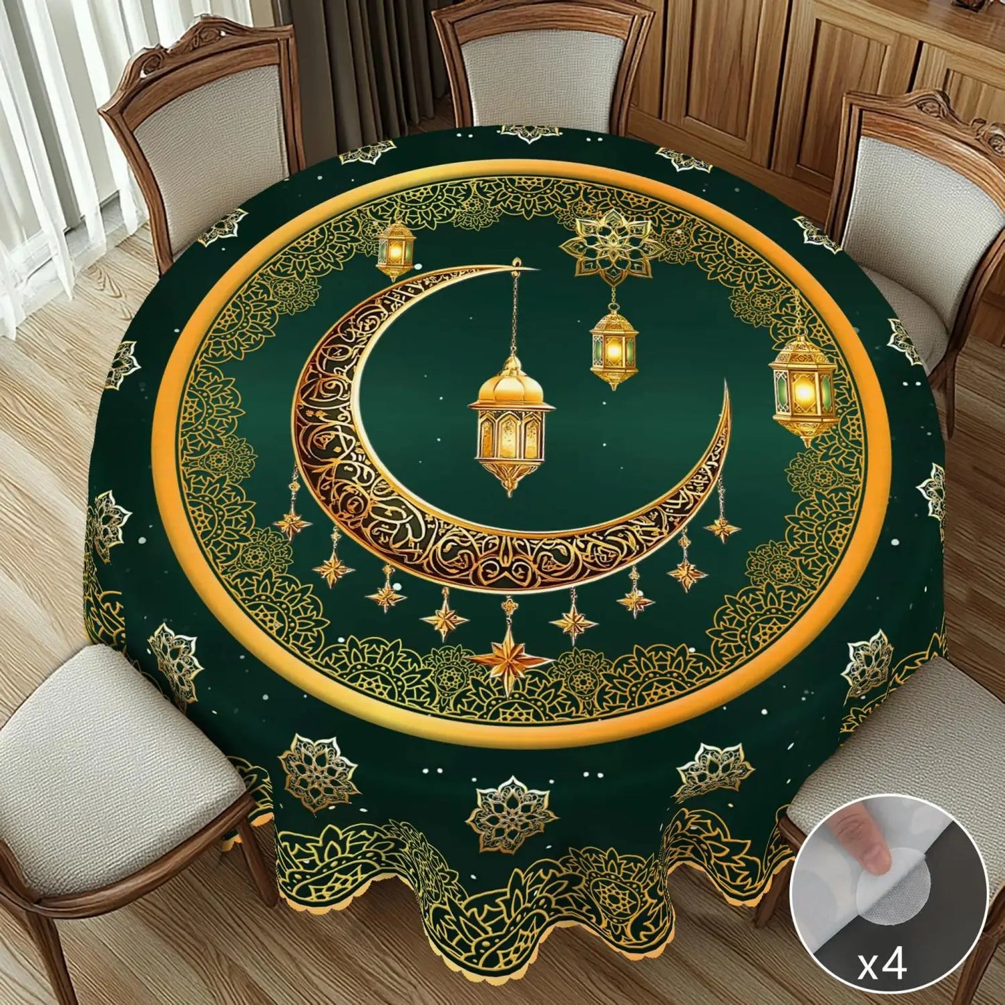 1 Piece of Muslim Ramadan Themed Round Tablecloth, Available in Various Sizes, Exquisite Crescent Moon and Hollow Floral Pattern Printed Round Decorative Tablecloth, Embossed Edge Craftsmanship, Ramadan Home Decoration, Suita