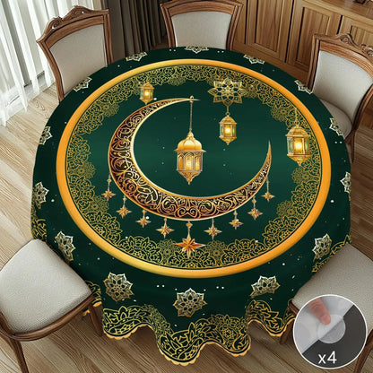 1 Piece of Muslim Ramadan Themed Round Tablecloth, Available in Various Sizes, Exquisite Crescent Moon and Hollow Floral Pattern Printed Round Decorative Tablecloth, Embossed Edge Craftsmanship, Ramadan Home Decoration, Suita