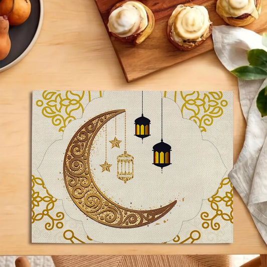 1PC Ramadan-Themed Linen Table Mats with Golden Lanterns and Moon Design - Heat Resistant, Ideal for Family Dinners & Guest