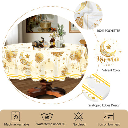 1 Piece of Muslim Ramadan Round Tablecloth, Available in Various Sizes, Printed with Star, Moon, Lantern, Floral, and Geometric Patterns, Round Decorative Tablecloth with Embossed Edges, Ramadan-Themed Home Dining Table Decor