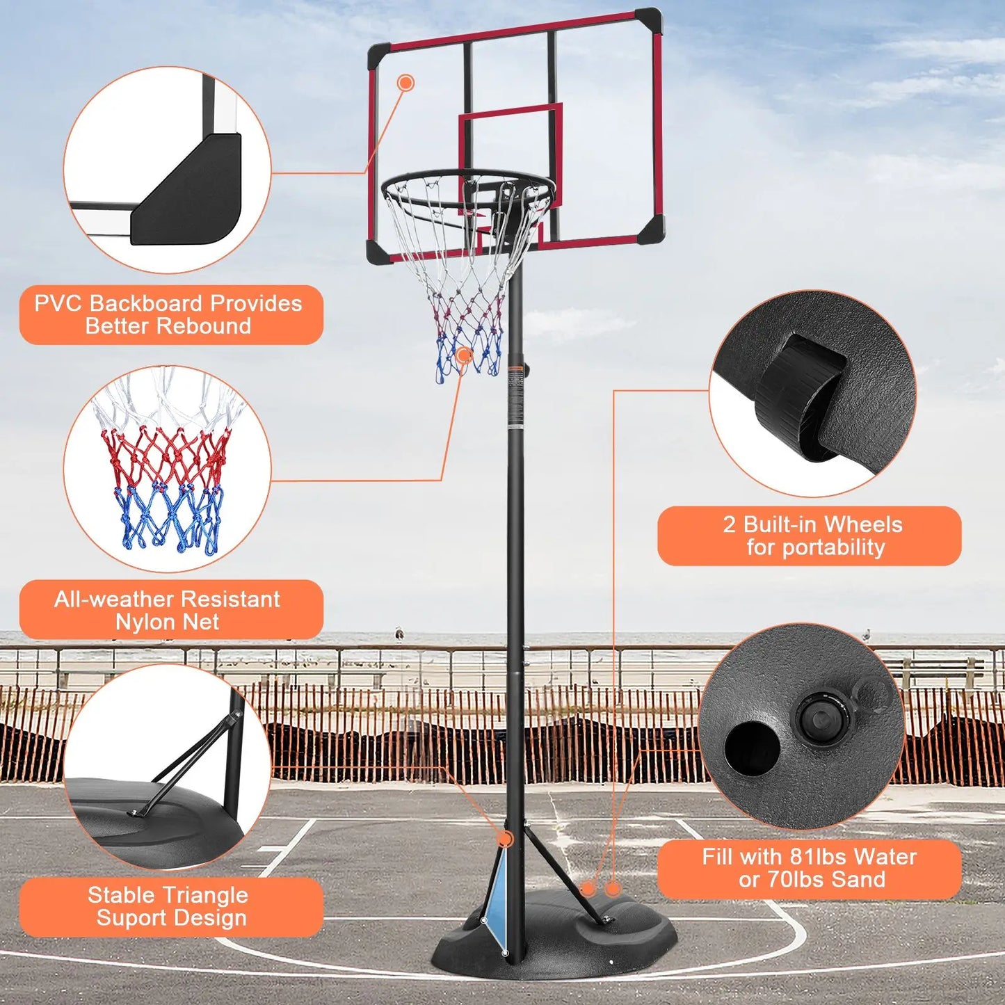 Portable Basketball Hoop System 7.5ft 9.2ft 32 Inch Adjustable Stand Backboard Wheels for Youth Adults Indoor Outdoor Basketball