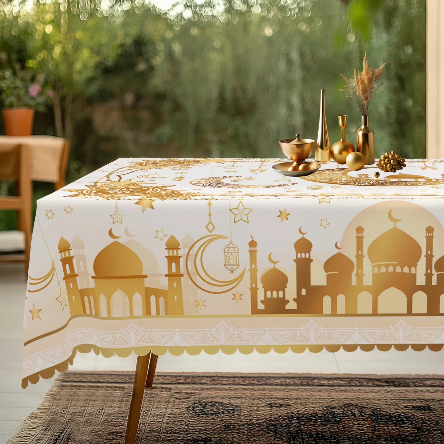 1 Piece, Low-Key Luxury Gold-Plated Ramadan-Themed Polyester Tablecloth + 4 Self-Adhesive Stickers, Classic Islamic Architecture Luxurious Hollow-Out Moon and Star Print Pattern, Suitable for Home Kitchen, Living Room Dining