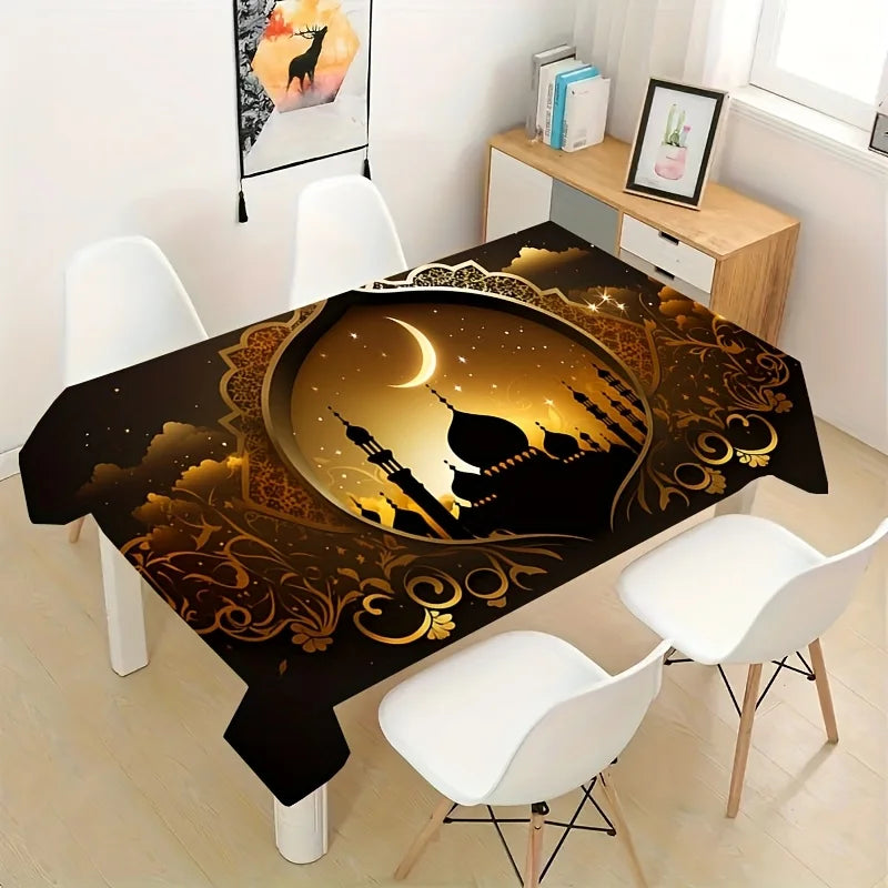 Ramadan Kareen Mubarak Tablecloth Party Decor Golden Moon Castle Print Eid Al Fitr Kitchen Dining Table Cloth Ramadan Decoration