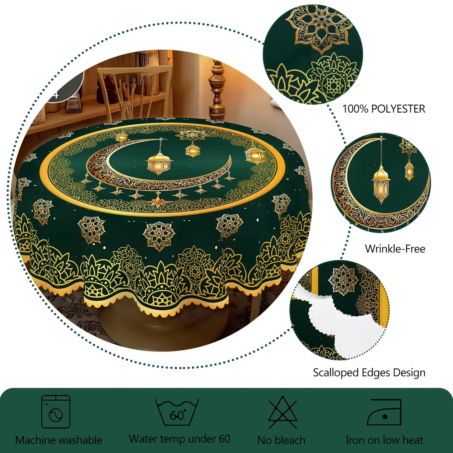 1 Piece of Muslim Ramadan Themed Round Tablecloth, Available in Various Sizes, Exquisite Crescent Moon and Hollow Floral Pattern Printed Round Decorative Tablecloth, Embossed Edge Craftsmanship, Ramadan Home Decoration, Suita