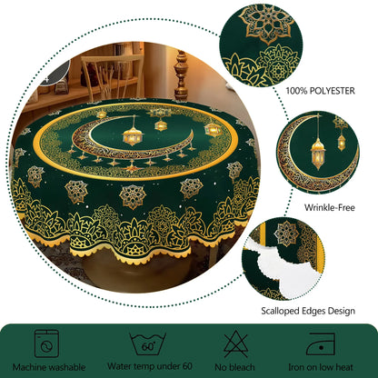 1 Piece of Muslim Ramadan Themed Round Tablecloth, Available in Various Sizes, Exquisite Crescent Moon and Hollow Floral Pattern Printed Round Decorative Tablecloth, Embossed Edge Craftsmanship, Ramadan Home Decoration, Suita