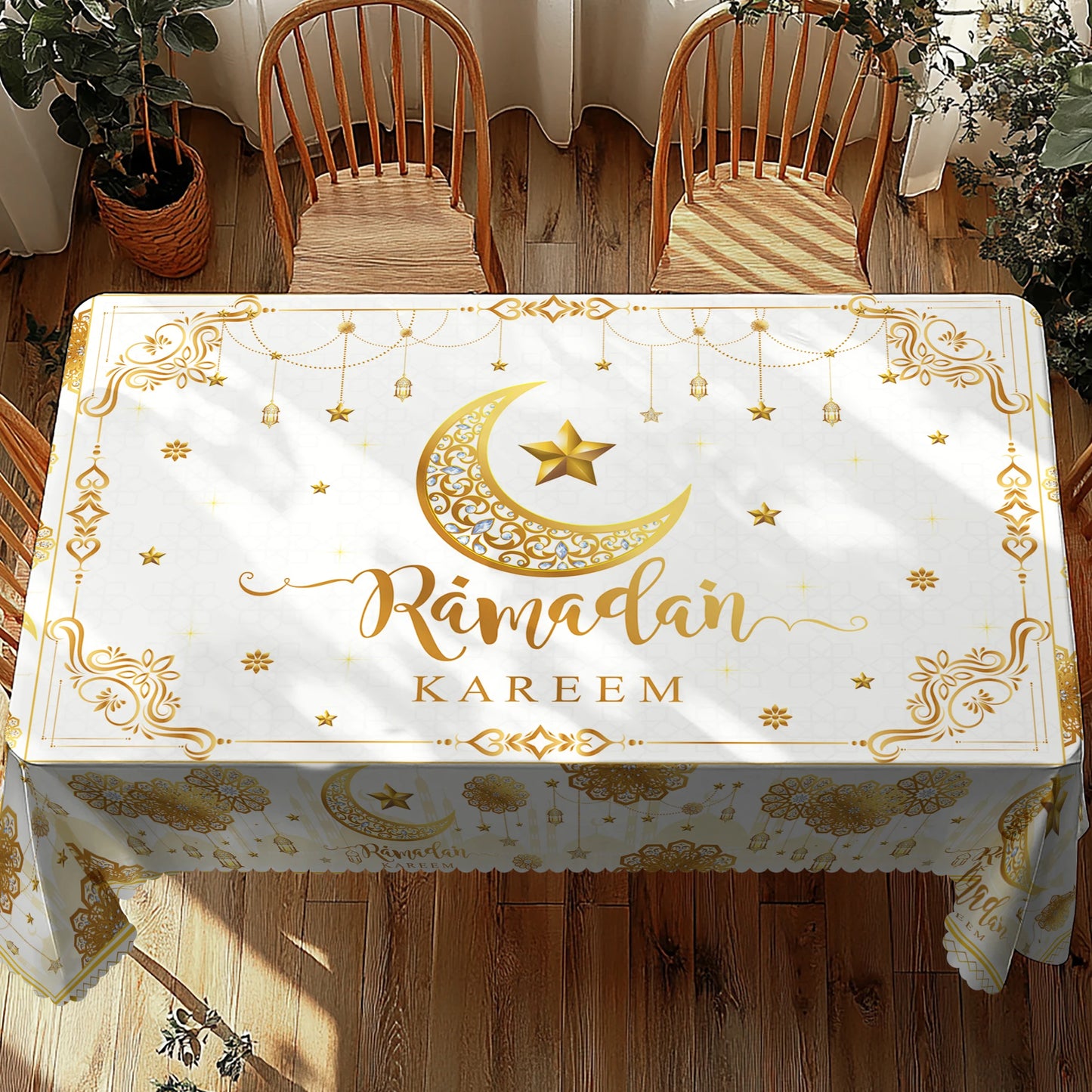 1 Piece of Muslim Ramadan Round Tablecloth, Available in Various Sizes, Printed with Star, Moon, Lantern, Floral, and Geometric Patterns, Round Decorative Tablecloth with Embossed Edges, Ramadan-Themed Home Dining Table Decor
