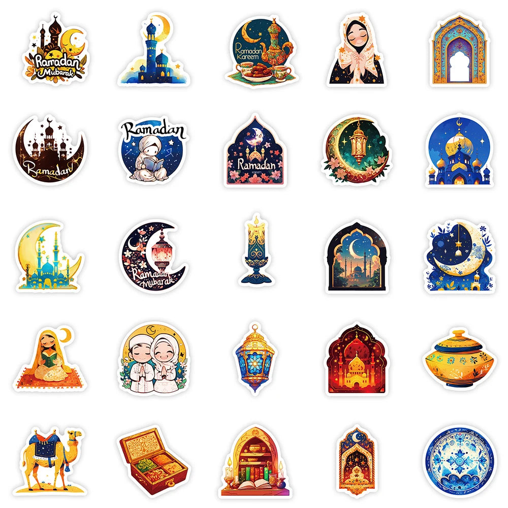 10/30/50pcs Ramadan Kareem Graffiti Stickers Golden Moon Muslim Party Cartoon Stickers Notebook Phone Luggage Decals Decoration