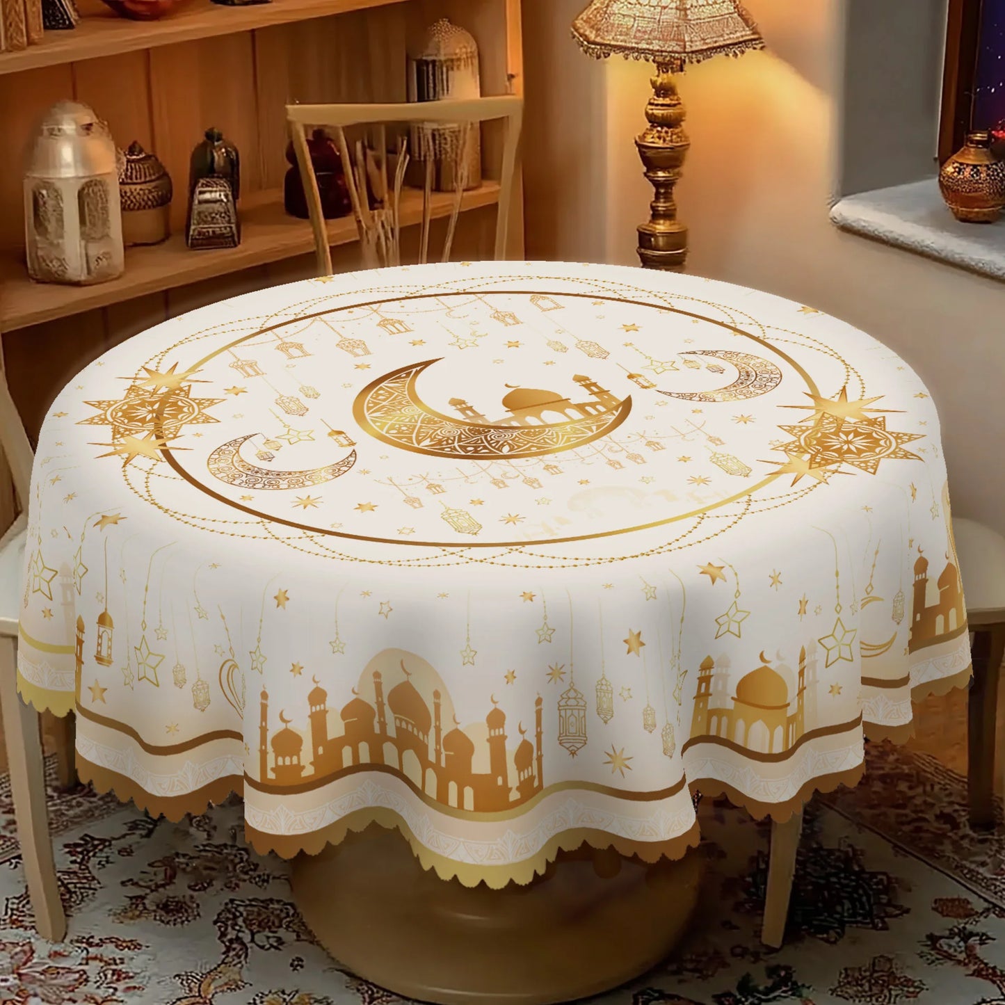 1 Piece of Ramadan-Themed White Gold Round Tablecloth, Available in Various Sizes, Exquisite Star and Moon and Mosque Pattern Printed Tablecloth, Embossed Edge Craftsmanship, Ramadan Home Dining Table Decoration, Suitable for