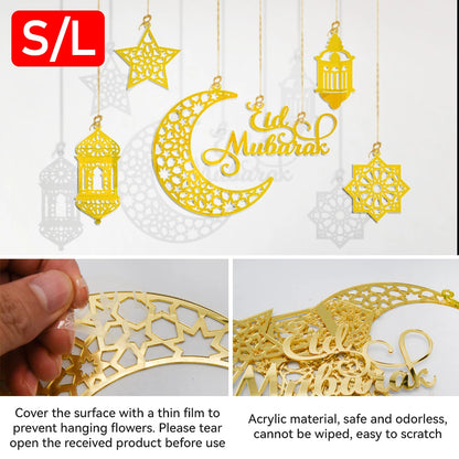1Set Eid Mubarak Decoration Hanging Pendant Acrylic Mirror Ramadan Kareem Pendant Ornament Home Background Muslim Party Supplies