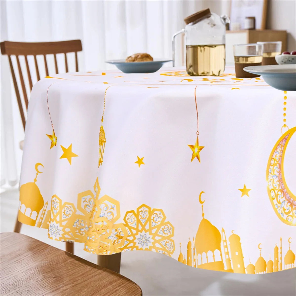 150cm Polyester Round Waterproof Cover Table Decor Eid Mubarak Restaurant Decoration Tablecloth Ramadan Home Decor Islamic Art