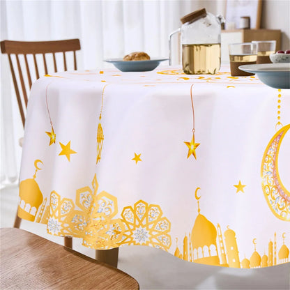 150cm Polyester Round Waterproof Cover Table Decor Eid Mubarak Restaurant Decoration Tablecloth Ramadan Home Decor Islamic Art