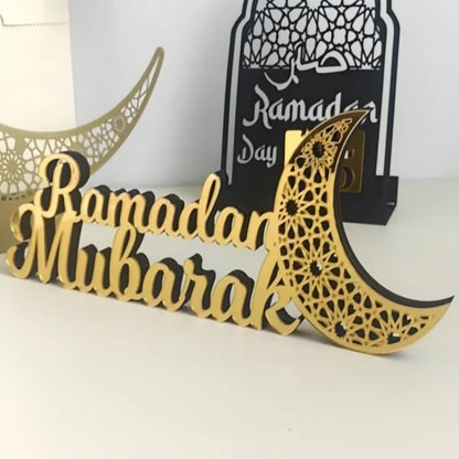 Wooden Acrylic Ramadan Mubarak Sign, Eid Kareem Crescent Wood Moon Stand Table Centerpiece Office Desk Mosque Decor